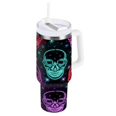 Imagem de Kigai Copo de 1,134 g com alça, copos isolados de caveira legal com tampa e canudo, garrafa de água esportiva grande de metal, caneca de café de viagem de aço inoxidável