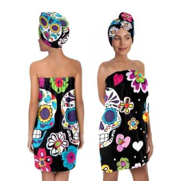 Imagem de YWZDS Conjunto de envoltório de banho de caveira de açúcar com turbante de cabelo, toalha de spa floral preta com envoltório de cabeça combinando, envoltório de toalha de spa, roupão de toalha para