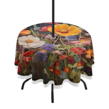 Imagem de CEBUGI Toalha de mesa redonda para uso ao ar livre, flores silvestres, impermeável, com furo Umberlla, capa de mesa lavável para pátio, cozinha, sala de jantar, 152 cm