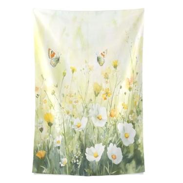 Imagem de STAYTOP Tapeçaria de parede verde flores silvestres e borboletas tapeçarias para decoração de casa decoração de dormitório sala de estar quarto tapete de parede (90 × 60 pol)