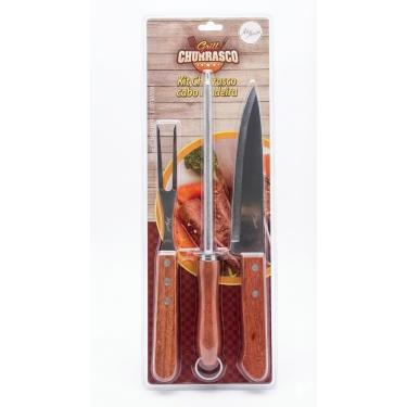 Imagem de Kit Churrasco Profissional 3 Peças(Faca, Garfo, Espeto de carne) com Cabo de Madeira Ergonômico e Lâminas Afiadas, Ideal para Churrasqueiros.