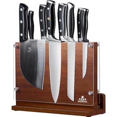 Imagem de ENOKING Bloco de facas magnético de classe superior, bloco de faca magnético com proteção, suporte de faca de ímã de alta qualidade, placa de faca de madeira de acácia com ímã forte de dupla face para