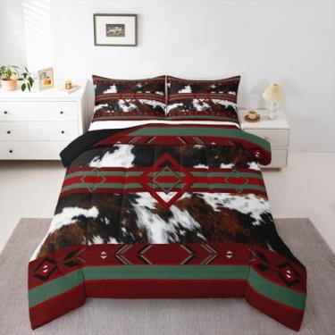 Imagem de Conjunto de edredom com estampa de pele de vaca para todas as estações do oeste da fazenda com 2 fronhas, microfibra de vaca, roupa de cama casal, decoração de quarto de caubói, vermelho escuro, verde