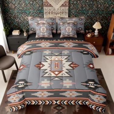 Imagem de Erosebridal Conjunto de edredom Queen Western Bed in a Bag, 7 peças, boêmio, geométrico, boêmio, asteca, étnico, tribal, flecha, cinza