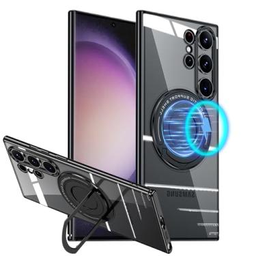 Imagem de Capa para Samsung Galaxy S com suporte, [compatível com suporte magnético para carro] Capa rígida de policarbonato à prova de arranhões com suporte de sucção magnética para Galaxy S (S24 Ultra) preta