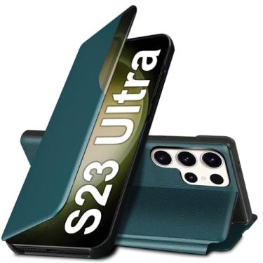 Imagem de Capa S23 Ultra Flip para Samsung Galaxy S23 Ultra 5G, capa de couro slim fit transparente para Samsung S23 Ultra capa de telefone com suporte, resistente, resistente à prova de choque (verde)