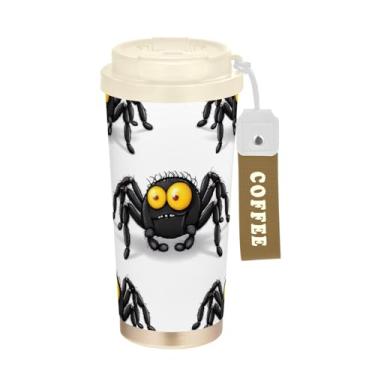 Imagem de Caneca de viagem de café 16+ Oz, caneca de café com revestimento cerâmico copo com tampa e canudo, copo isolado a vácuo de aço inoxidável, animais de desenho animado preto engraçado