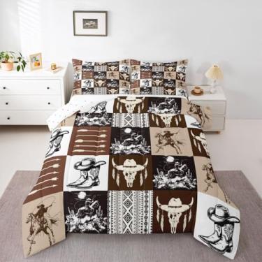 Imagem de Feelyou Conjunto de edredom retrô de caubói ocidental, tamanho casal, estampa de touro, caveira, cavalo, flecha, rústico, casa de fazenda, para decoração de quarto de crianças, meninos, meninas