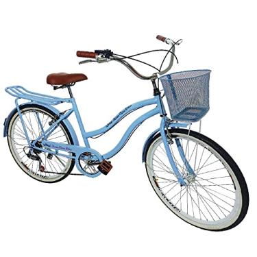 Imagem de Bicicleta Feminina aro 26 com cesta 6 machas retrô azul bb
