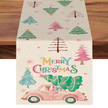 Imagem de Croar Merry Christmas Tree Corredor de mesa de jantar colorido, pinheiros, rosa, carro, floco de neve, decoração de cozinha, inverno, interior, exterior, decoração de casa, suprimento de festa, 33 x