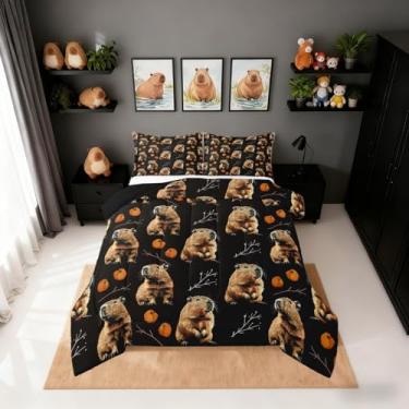 Imagem de Erosebridal Conjunto de edredom infantil de capivara, tamanho solteiro, para amantes de capivara, animais fofos, para quarto de adolescentes, mulheres, homens, edredom com estampa de pêssego, colcha