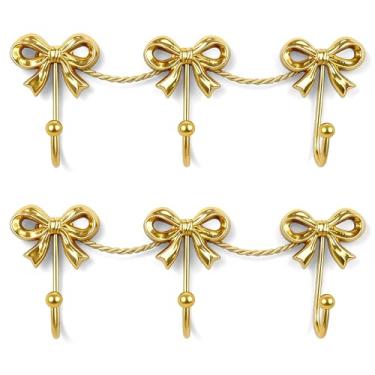 Imagem de Pacote com 2 laços dourados para decoração de quarto de meninas – Ganchos de laço de ouro mental de 3 elos para parede, cabides de laços dourados para casacos, bolsas, toalhas de banho, banheiro