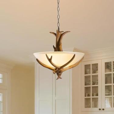 Imagem de Lustre de Chifres com 3 Lâmpadas, Lustre Rústico Retrô, Luminária Pendente com Chifres de Veado em Resina, Luminária de Teto com Cúpula de Vidro Fosco, Ideal para Cozinha, Bar, Café e Sala d
