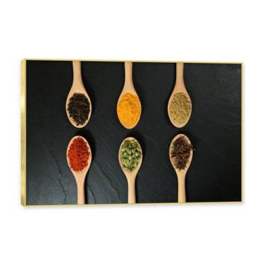 Imagem de Moldura dourada. Arte de parede em tela de especiarias coloridas e colher de tempero | Decoração de cozinha vintage | Arte moderna para casa e sala de jantar. C95. 80 x 120 cm - 31,5 x 47,3 pol