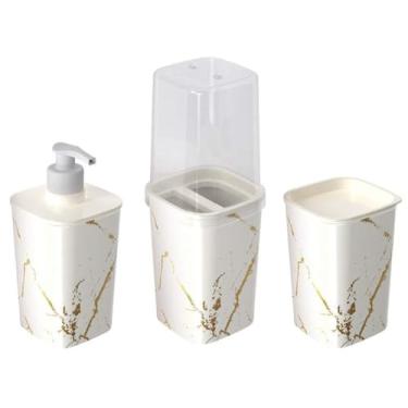 Imagem de Kit Pia de Banheiro 3 Peças Dispenser Sabonete Líquido Porta Escova de Dente Porta Algodão, Ideal for Daily Hygiene Organization & Guest Bathrooms(Mármore)