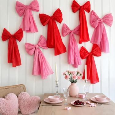 Imagem de Janinka 8 peças de decoração de laço vermelho grande dia galentinos 79 x 50 cm feito à mão gigante fúcsia e laços vermelhos brilhantes como pano de fundo para decoração de festa de casamento de quarto