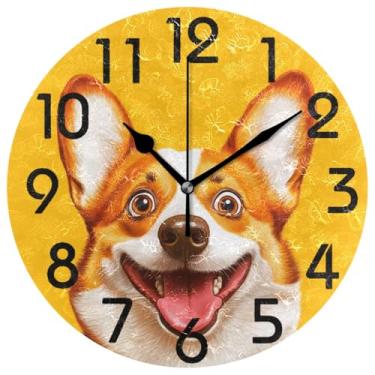 Imagem de ZzWwR Relógio de parede redondo grande com cara surpresa Corgi de 25,4 cm, grande, redondo, operado por bateria, analógico, silencioso, sem tique-taque para casa/cozinha/sala de estar/quarto/banheiro