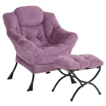 Imagem de Givjoy Cadeira preguiçosa de pelúcia e otomana, grande poltrona contemporânea com apoios de braços e um bolso lateral, poltrona de leitura de sofá estofada de lazer moderna com apoio para os pés para