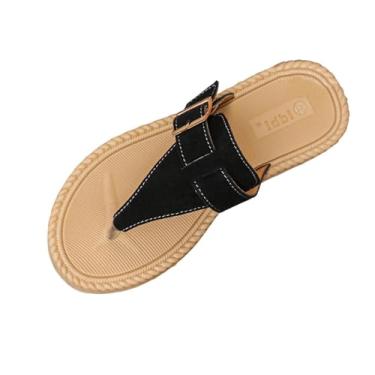 Imagem de Chinelo feminino peep toe com design de cor sólida para uso casual de verão e estilo minimalista, Preto, 36
