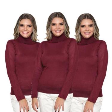 Imagem de Kit 3 Blusas Feminina Tricô Manga Longa Gola Alta Lã Inverno Casual - 