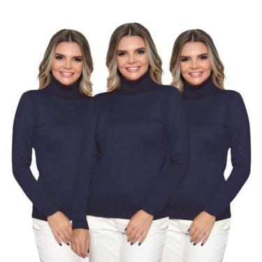 Imagem de Kit 3 Blusas Feminina Tricô Manga Longa Gola Alta Lã Inverno Casual - 