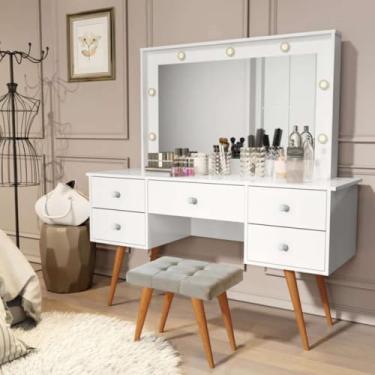 Imagem de Penteadeira Camarim Com Banqueta Com Led Espelho Resistente Moderna Decorativa Madeira MDF Maquiagem (Branco)