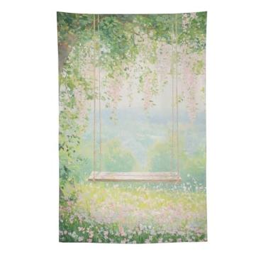 Imagem de Tapeçaria de balanço de videira de flor de primavera, pintura a óleo, prado de flor rosa, decoração romântica de jardim para sala de estar, quarto, decoração de arte de natureza sazonal suave com