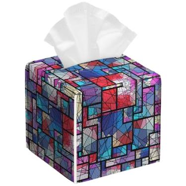 Imagem de Embalagem com 2 caixas de lenços de papel em mosaico, geométrico, vitrais, quadrados, de couro PU, à prova d'água, organizador de papel facial, dispensador para banheiro, cozinha, casa, escritório