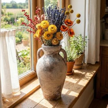 Imagem de Yiyiring Vaso de flores de cerâmica com 2 alças de 28 cm de altura Vaso rústico de terracota para centros de mesa, vasos de fazenda decorativos grandes vintage para decoração de casa, mesa, sala de