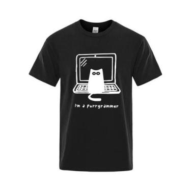 Imagem de Camiseta Masculina Engraçada Com Estampa De Gato Programador, Algodão,