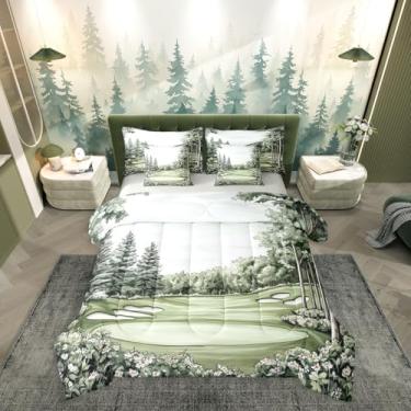 Imagem de Erosebridal Conjunto de cama solteiro de campo de golfe, 7 peças, para meninos, meninas, adultos, aquarela, branco, floral, verde, plantas, natureza, floresta, botânico, pinheiro, conjunto de cama