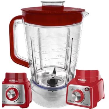 Imagem de Copo p/Liquidificador Mondial Turbo Inox L-1000 | L-1100 | L-1200 – Acrílico Cristal 1,5 L c/Tampa vermelha Vedante, Peça de Reposição.