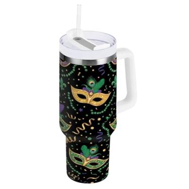 Imagem de Blueangle Copo isolado de máscara de carnaval de 850 g com alça e tampa de palha, caneca de viagem reutilizável de aço inoxidável (708)