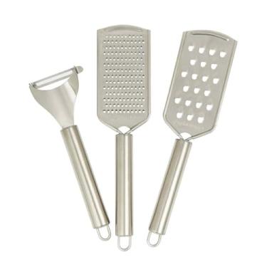 Imagem de Kit 3 Peças Ralador Luxo de Inox Multiuso 2 Raladores Grosso + Fino + Descascador Utensílio Cozinha utensilios para cozinha inox Multiuso para Queijo, Legumes e Chocolate