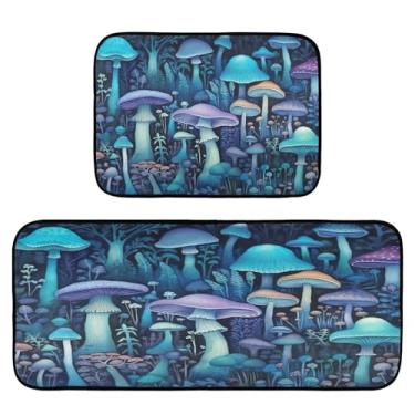 Imagem de xigua Conjunto de 2 peças de tapetes e tapetes de cozinha de cogumelo azul absorvente macio para chão tapete de cozinha antiderrapante conjunto de capacho de cozinha, 50 x 120 cm + 50 x 70 cm