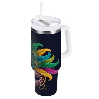 Imagem de Blueangle Copo isolado de máscara de carnaval de 850 g com alça e tampa de palha, caneca de viagem reutilizável de aço inoxidável (699)
