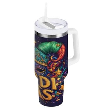 Imagem de Blueangle Copo isolado de máscara colorida de carnaval de 850 g com alça e tampa de palha, caneca de viagem reutilizável de aço inoxidável (174)