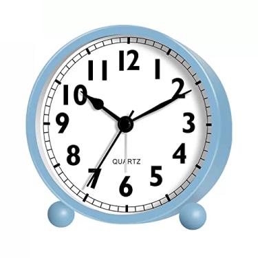 Imagem de Despertador redondo para quarto, relógio pequeno silencioso sem tique-taque com luz noturna, operado por bateria, para quarto, cabeceira, relógio de mesa (azul)