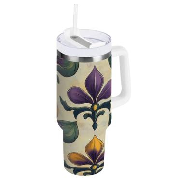 Imagem de Blueangle Copo isolado para Mardi Gras de 1,134 g com alça e tampa de palha, caneca de viagem reutilizável de aço inoxidável (113)