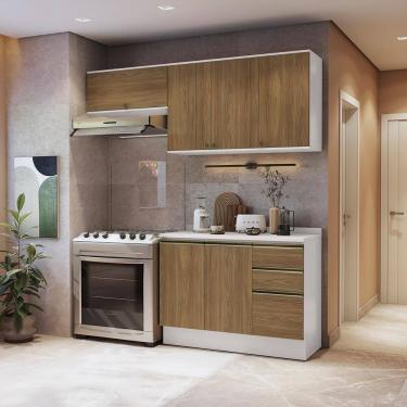 Imagem de Armário de Cozinha Compacta 3 Gavetas 100% MDF 200cm Branco/Nogueira Celeste Kappesberg