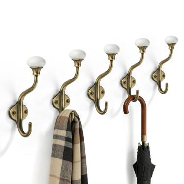 Imagem de TUNNY Ganchos para casaco – Pacote com 5 ganchos de toalha de latão antigo escovado, ganchos decorativos de parede para banheiro, quarto, cozinha, toalha, roupão, armário, banheiro, ferragens