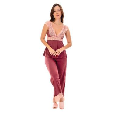Imagem de Pijama Feminino Com Manga Curta de Renda Sem Bojo Calça - Empório Ling