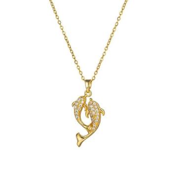 Imagem de Dtja Colar feminino com pingente de peixe golfinho de casal de aço inoxidável banhado a ouro cristal duplo peixe, corrente ajustável, colares gargantilhas, joias de aniversário de casamento para ela