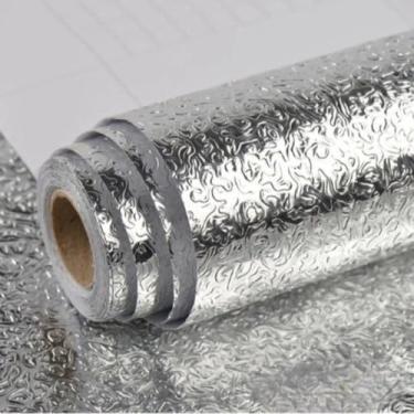 Imagem de Papel Alumínio Impermeável para Cozinha e Banheiro, Padrão Geométrico Prateado, Fácil Limpeza