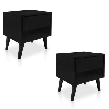Imagem de Kit 2 Mesas De Cabeceira 1 Gaveta 38 Cm Mdf Preto Pés Palito Mp