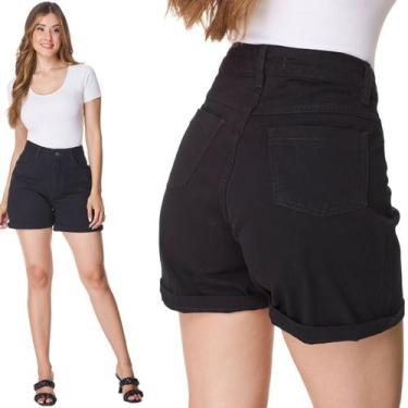 Imagem de Short Basico Feminino Mom Cintura Alta Em Sarja Preto - HNO Jeans, 46