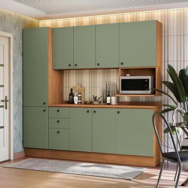Imagem de Armário De Cozinha Completa Nicho Micro-ondas 230cm Canela/verde Frevo