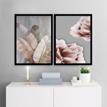 Imagem de Kit 2 Quadros Flores Folhas Rosê E Cinza 24X18Cm - Com Vidro