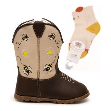 Imagem de Kit Botinha Texana Bebê Infantil Country com Bordado + Meias - FARMFUN