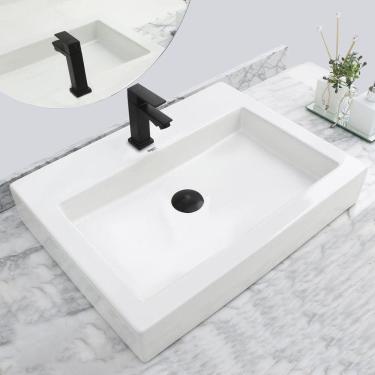 Imagem de Kit Cuba Pia Louça Cerâmica Banheiro C/ Torn e Vál Preta S07